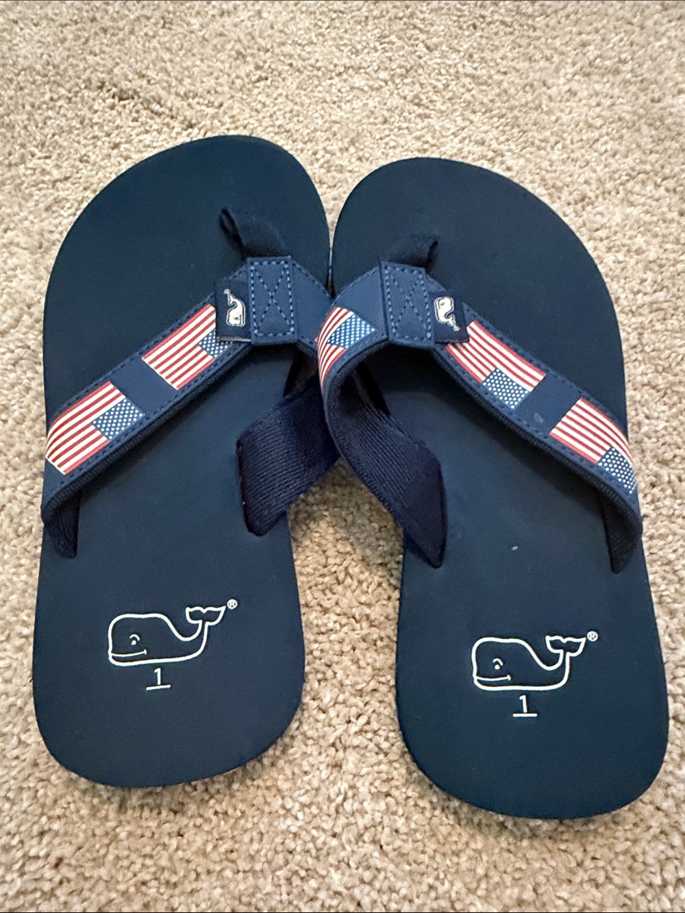 Vineyard Vines Kids Navy Flip Flops with Flag-Print Straps